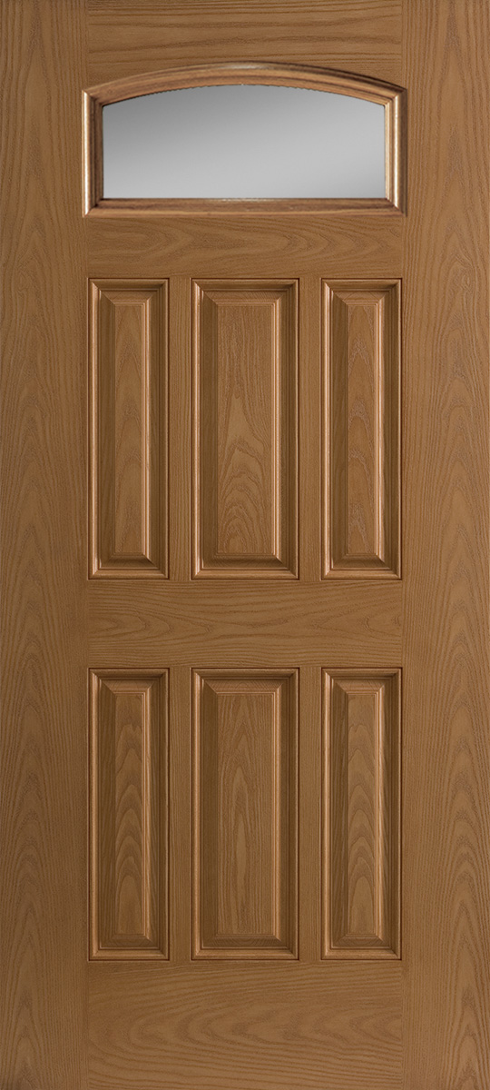 Oak textured fiberglass exterior door 6 panel with small lite cambertop